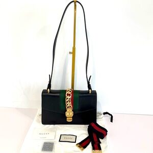 Gucci Small Sylvie Shoulder Bag In Black Calfskin Leather W Gold Accents